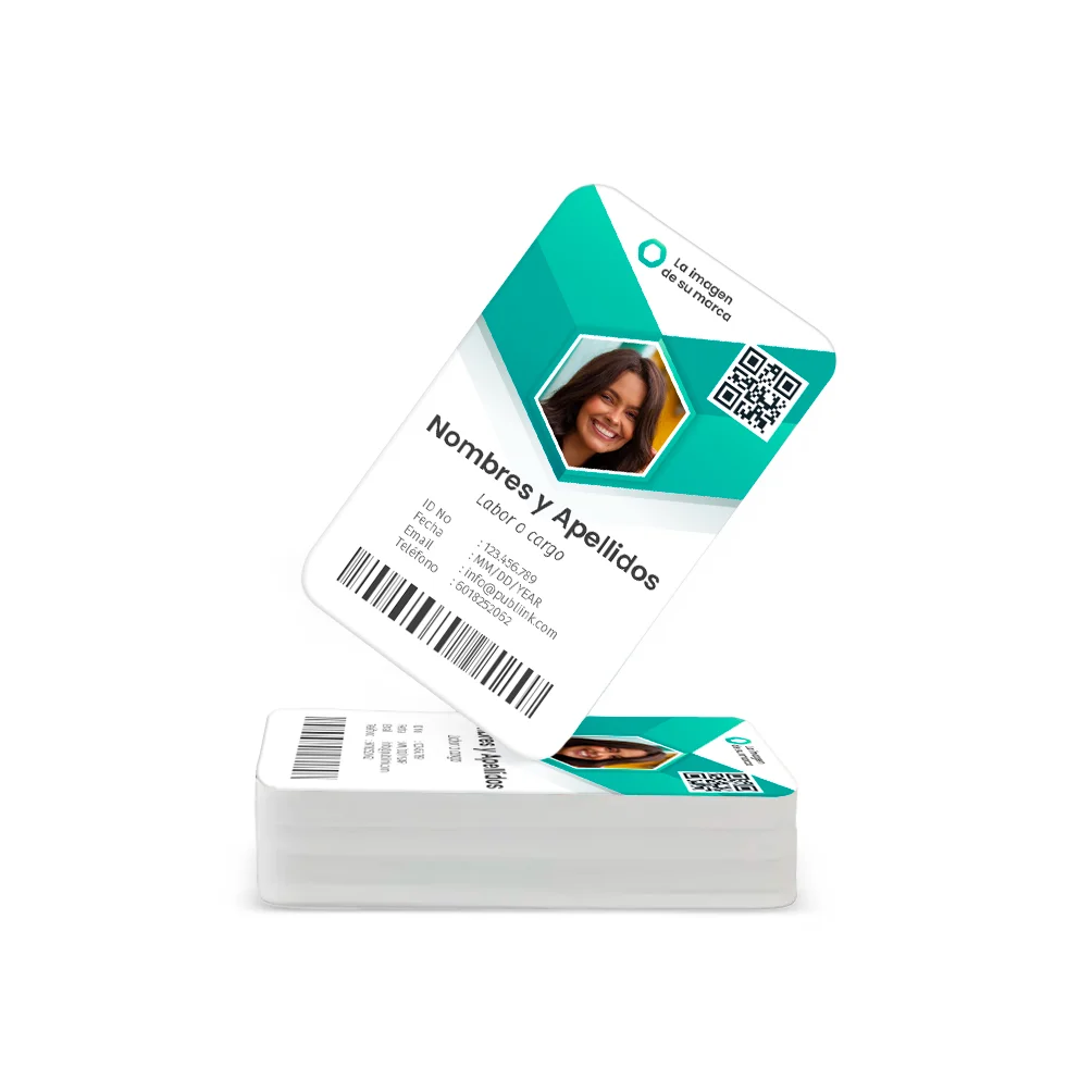 Carnet corporativo con código de barras y QR, impresión en PVC